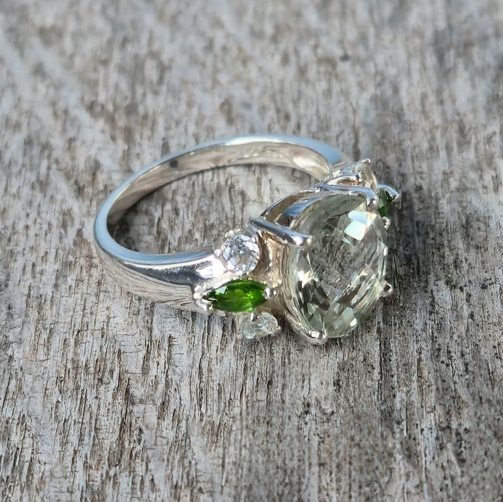 925 Sterling Silver Prasiolite Chrome Diopside White Topaz Designer Sz 9 Ring 💍 - Picture 13 of 16